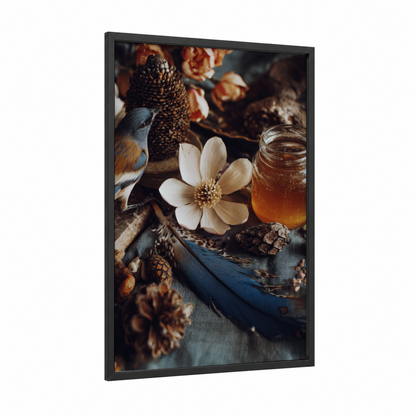 Autumn Blossom Study framed cherry blossoms print — black wood frame — gold and brown palette