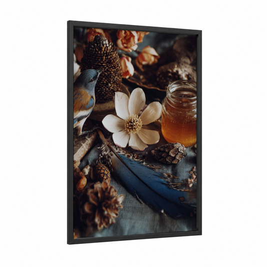 Autumn Blossom Study framed cherry blossoms print — black wood frame — gold and brown palette