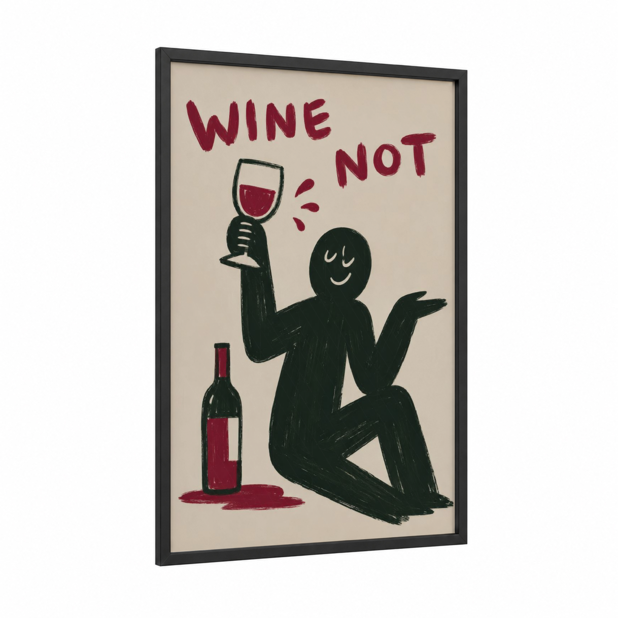 Wine Not Red Wine Wall Art framed art print — black wood frame — maroon and black and white palette