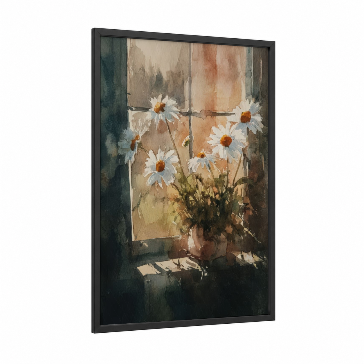 Windowsill Daisies framed daisy print — black wood frame — cream and gold palette