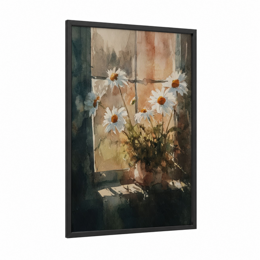 Windowsill Daisies framed daisy print — black wood frame — cream and gold palette