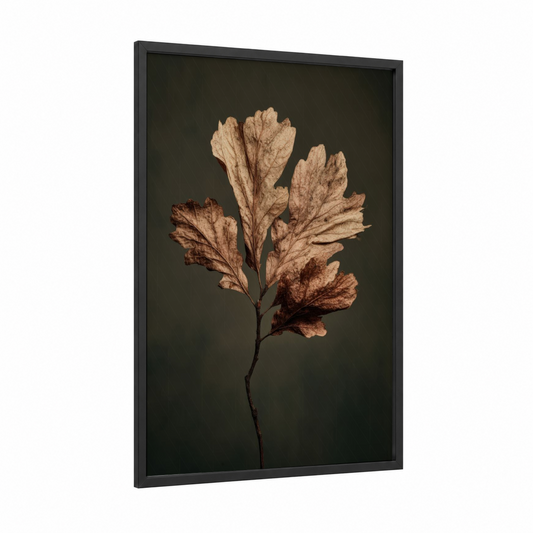 Autumn Botanical Leaf framed art print — black wood frame — russet and sage green palette