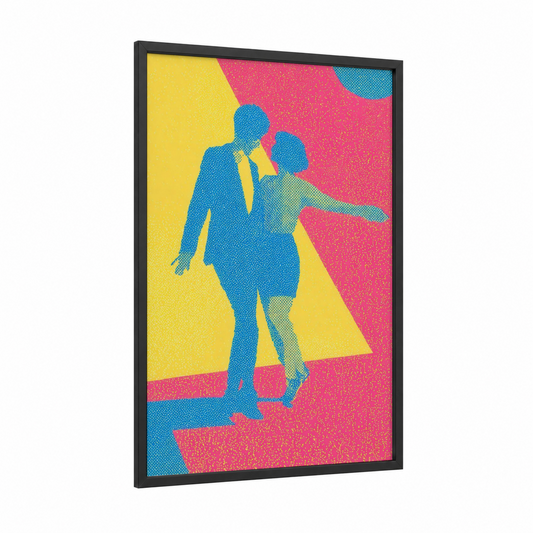 Disco Dancers framed art print — black wood frame — magenta and yellow gold palette