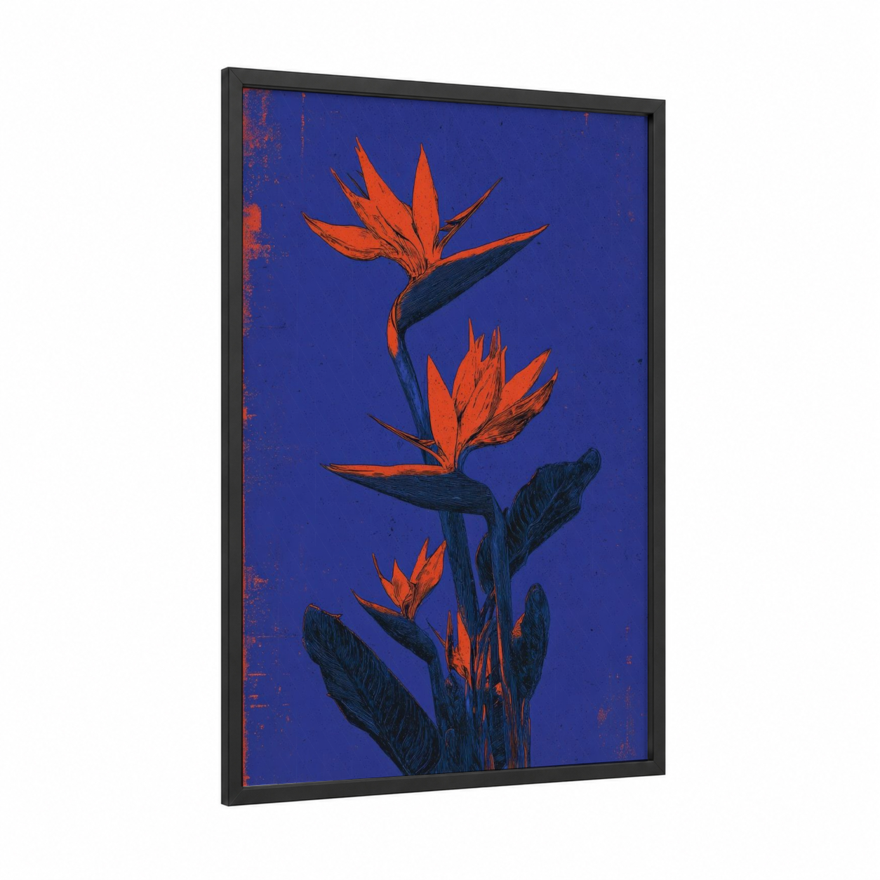 Vibrant Paradise Flowers framed birds of paradise print — black wood frame — blue and orange palette