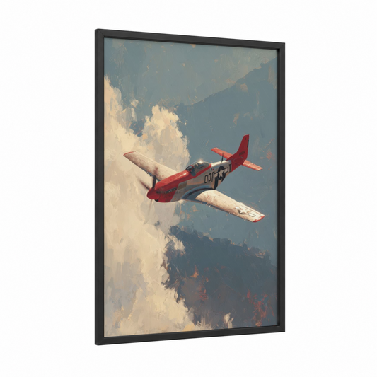 Vintage Skies Plane framed propeller plane print — black wood frame — red and blue and white palette