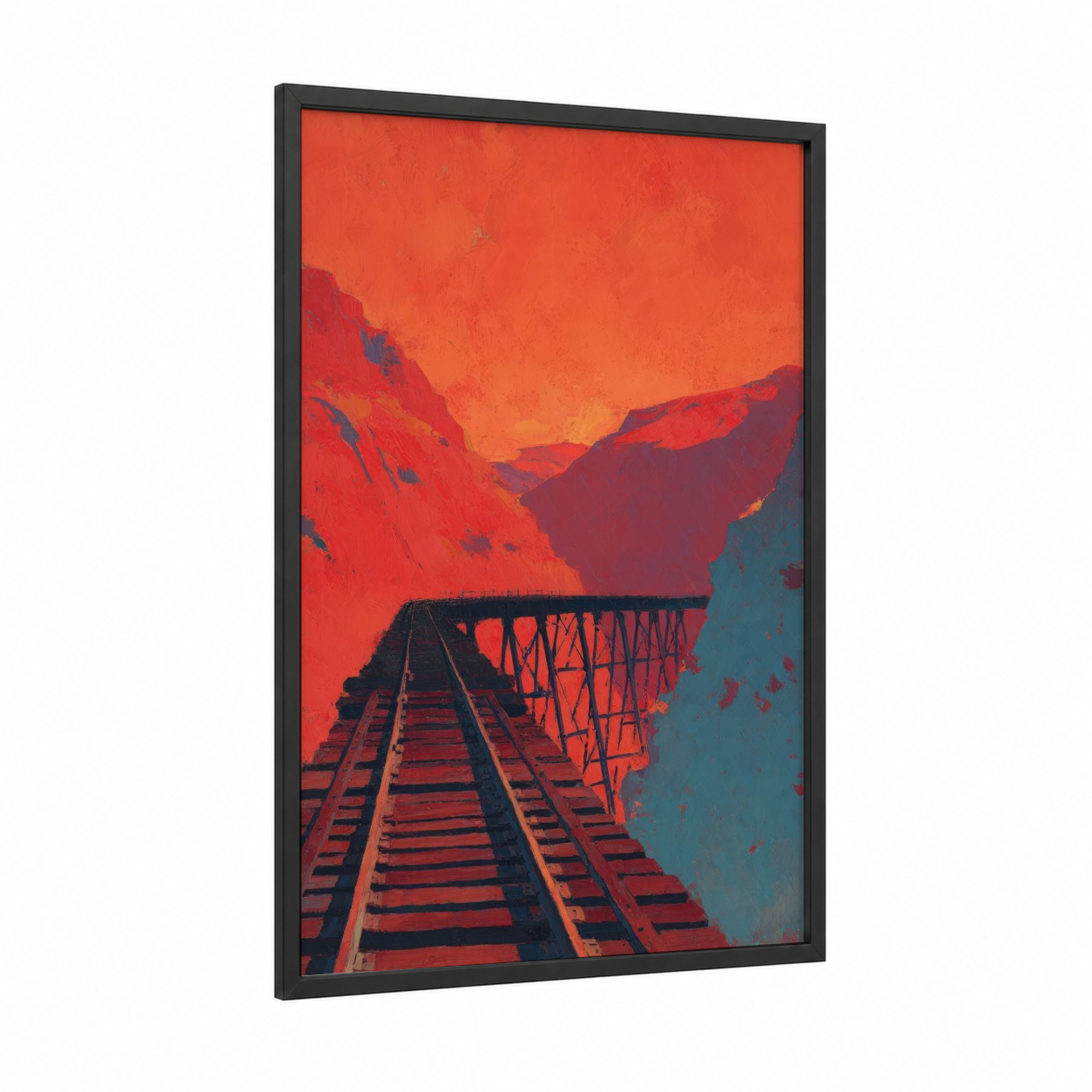 Desert Railway framed train tracks print — black wood frame — red and teal palette