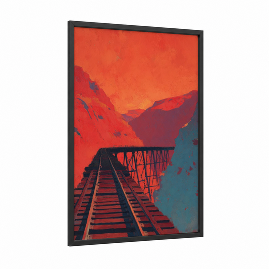 Desert Railway framed train tracks print — black wood frame — red and teal palette