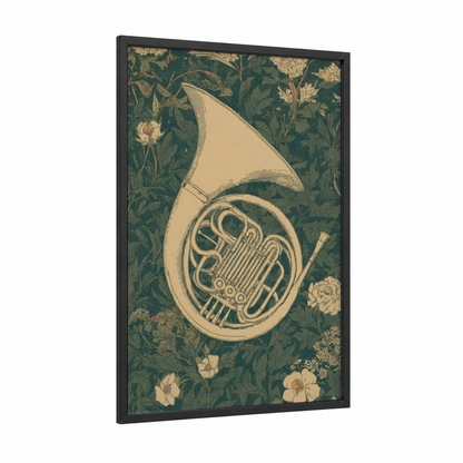 Floral French Horn framed art print — black wood frame — dark green and cream palette