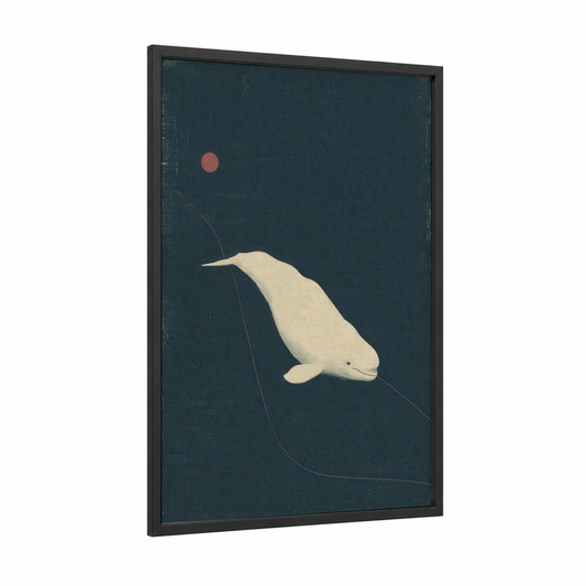 Beluga Moonlight framed beluga whale print — black wood frame — dark blue and cream palette