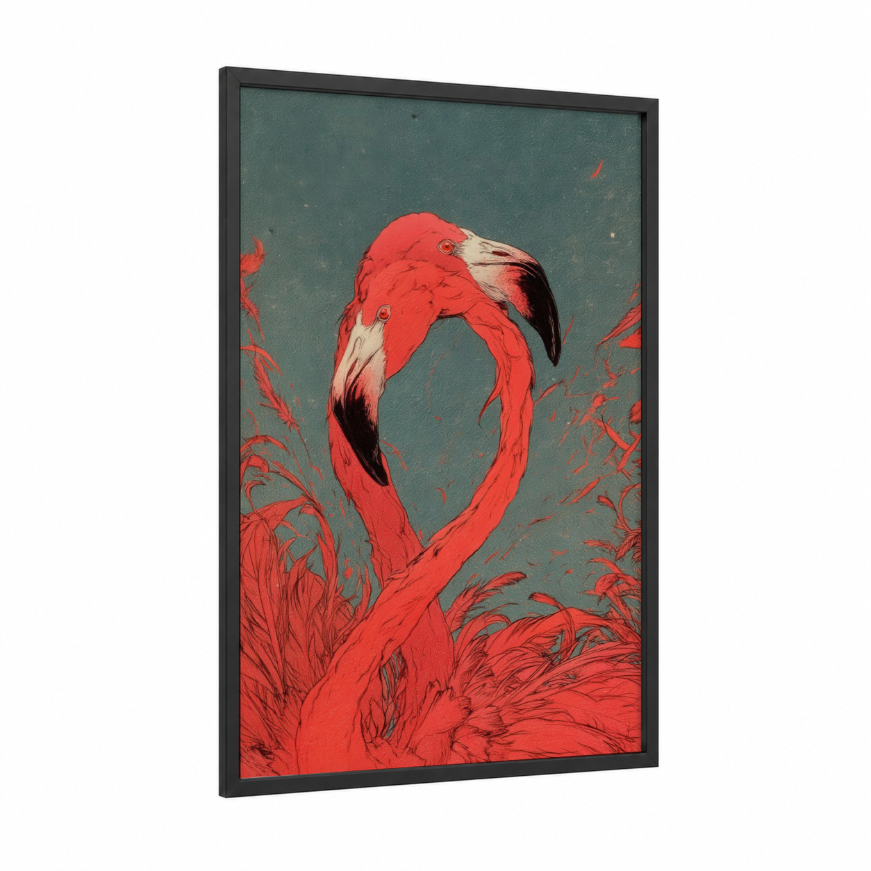 Crimson Flamingo framed art print — black wood frame — red and dark green palette
