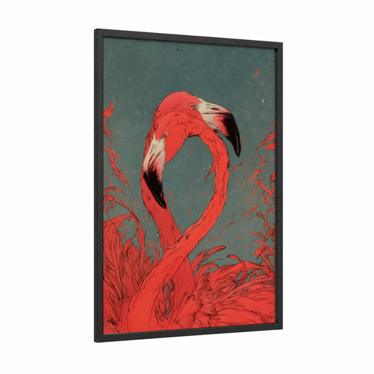Crimson Flamingo framed art print — black wood frame — red and dark green palette