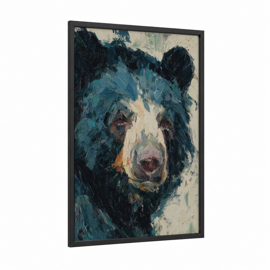 Contemplative Sloth Bear framed art print — black wood frame — dark blue and cream palette