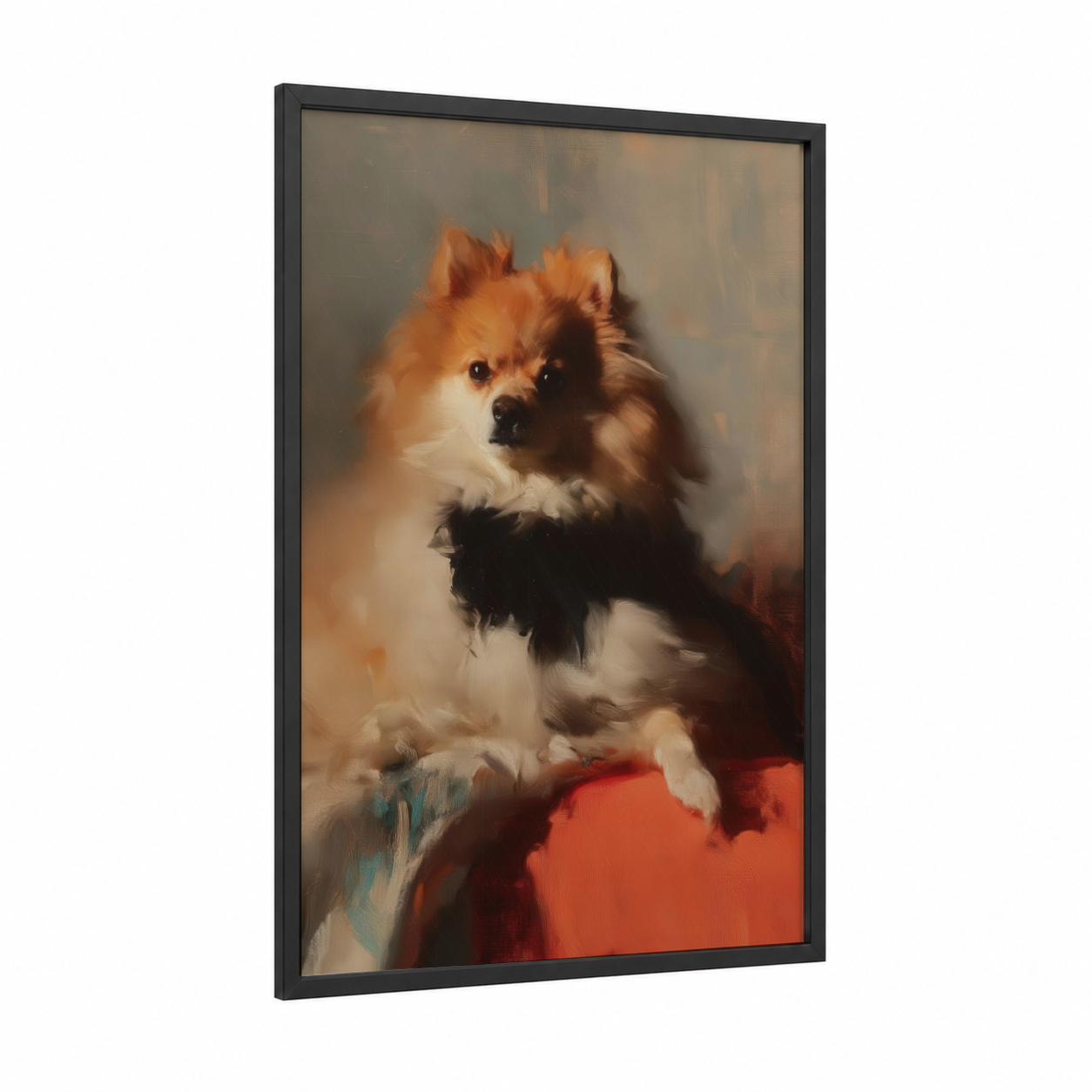 Golden Spitz Portrait framed art print — black wood frame — gold and white palette