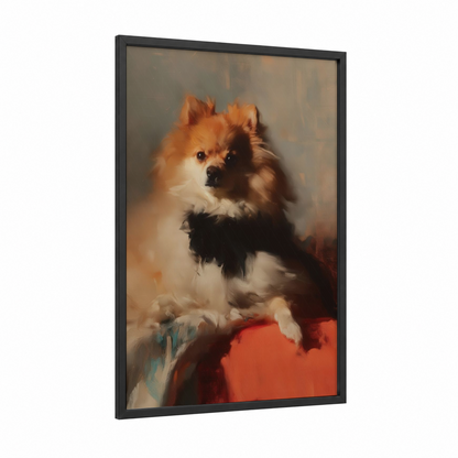 Golden Spitz Portrait framed art print — black wood frame — gold and white palette