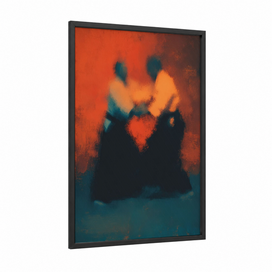 Fiery Judo Match framed art print — black wood frame — orange and teal palette