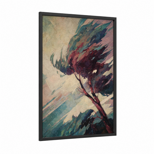 Windswept Cypress framed cypress tree print — black wood frame — maroon and dark green palette