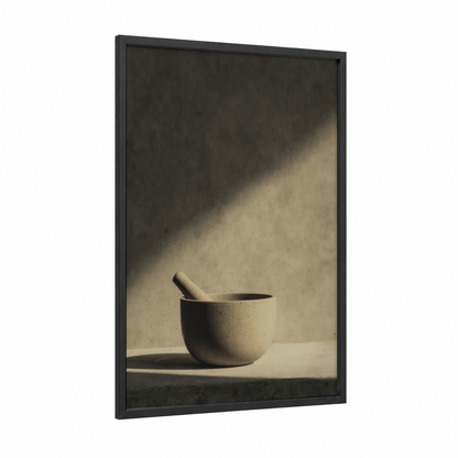 Minimal Mortar framed kitchen utensils print — black wood frame — beige and black palette