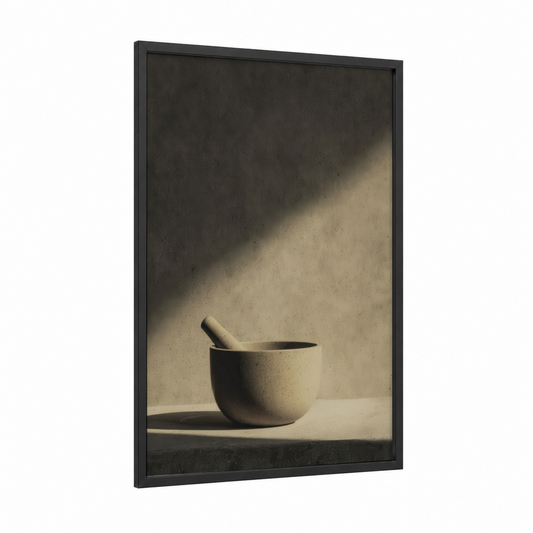 Minimal Mortar framed kitchen utensils print — black wood frame — beige and black palette