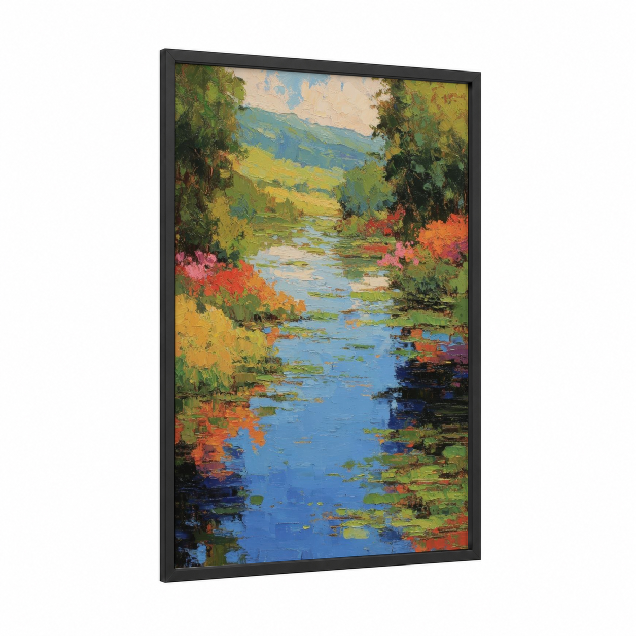 Riverside Bloom framed art print — black wood frame — blue and green palette