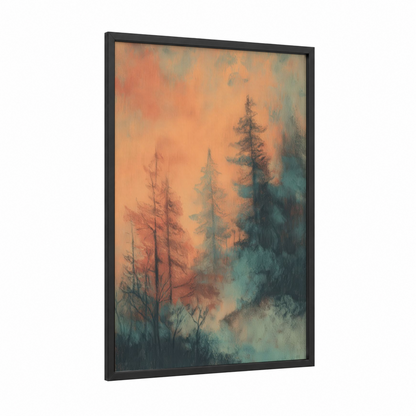 Misty Cedar Forest framed art print — black wood frame — peach and teal palette