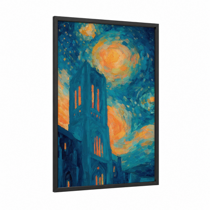 Starry Cathedral framed art print — black wood frame — blue and gold palette