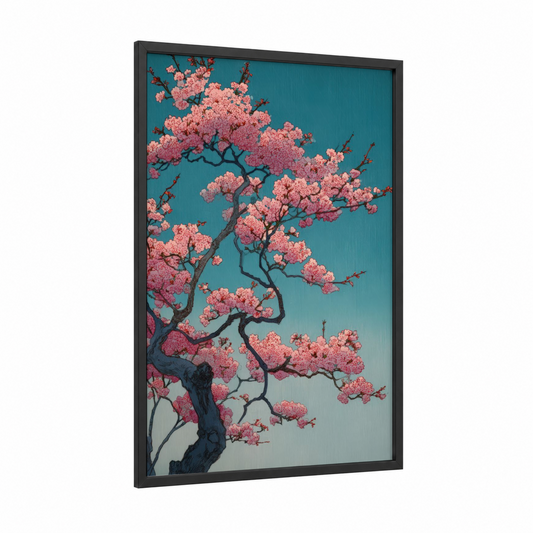Blooming Cherry Tree framed cherry blossoms print — black wood frame — pink and teal palette