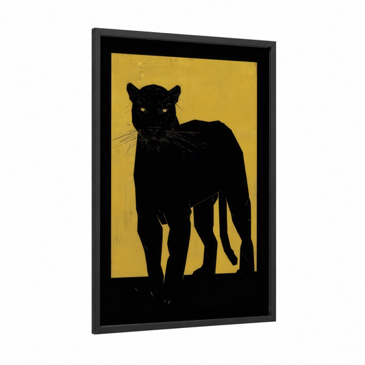 Golden Panther framed art print — black wood frame — black and yellow and gold palette