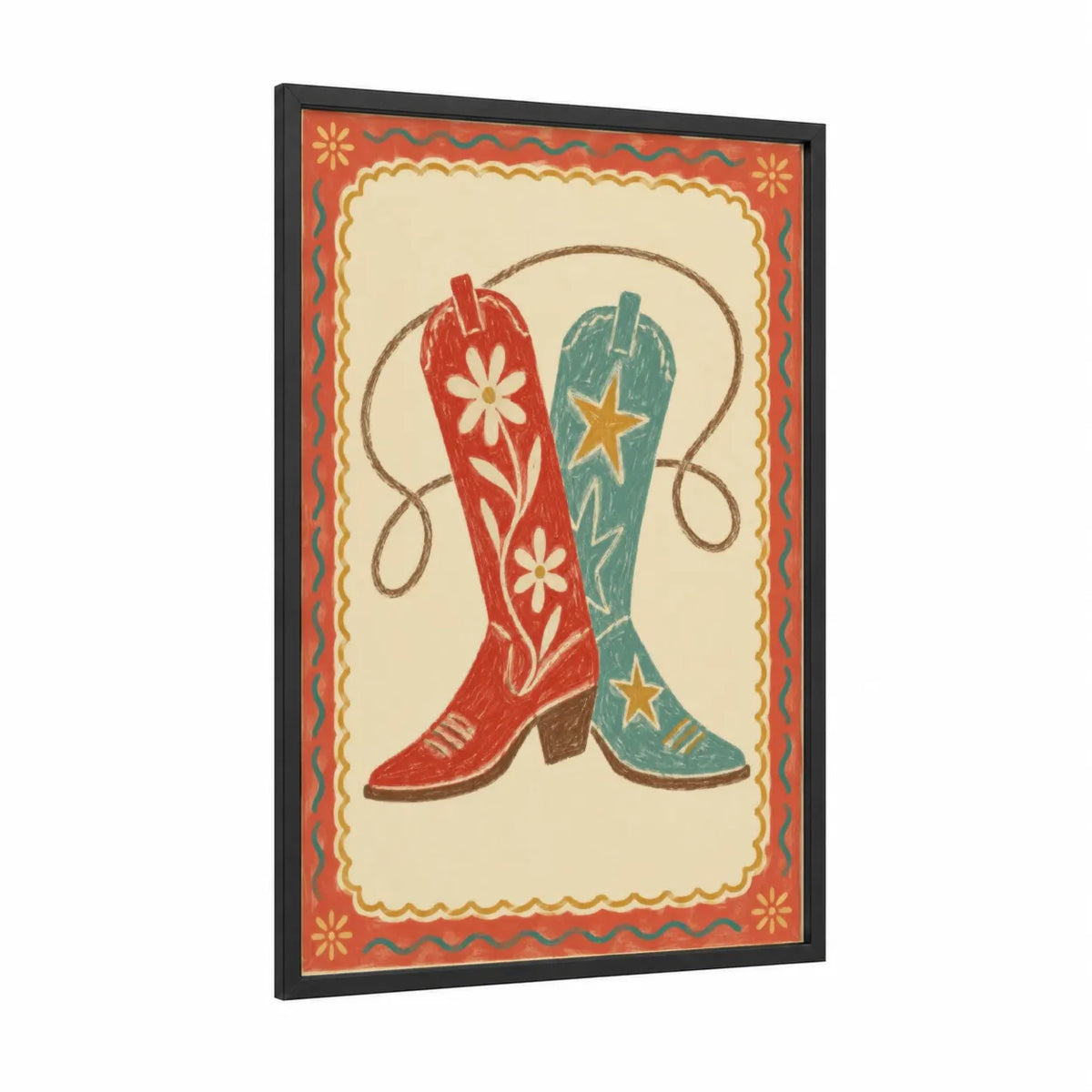 Vintage Cowboy Boots Western Wall Art framed fashion print — black wood frame — red and teal palette