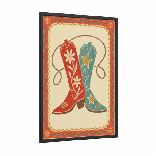 Vintage Cowboy Boots Western Wall Art framed fashion print — black wood frame — red and teal palette