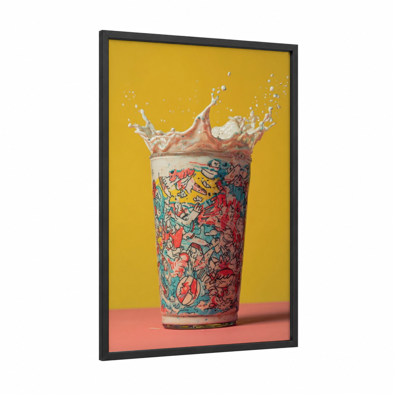 Colorful Splash Milkshake framed art print — black wood frame — yellow gold and magenta palette