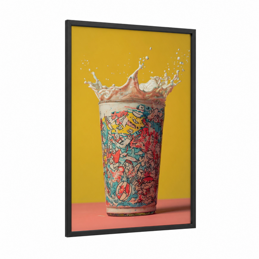 Colorful Splash Milkshake framed art print — black wood frame — yellow gold and magenta palette