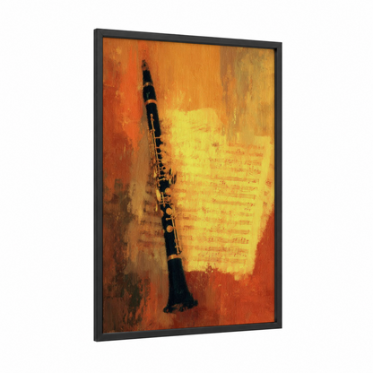 Golden Clarinet framed art print — black wood frame — gold and orange palette