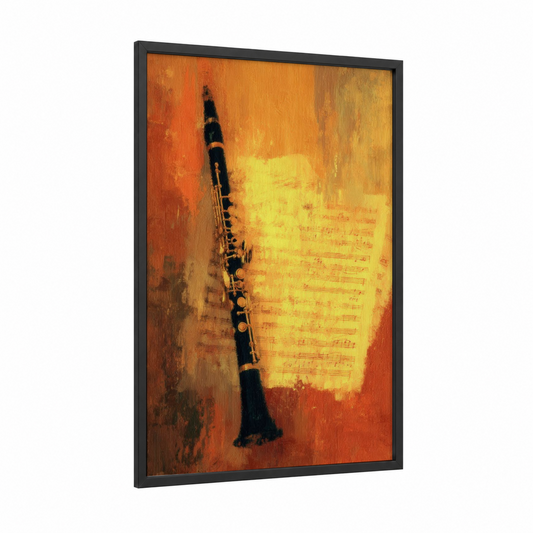 Golden Clarinet framed art print — black wood frame — gold and orange palette