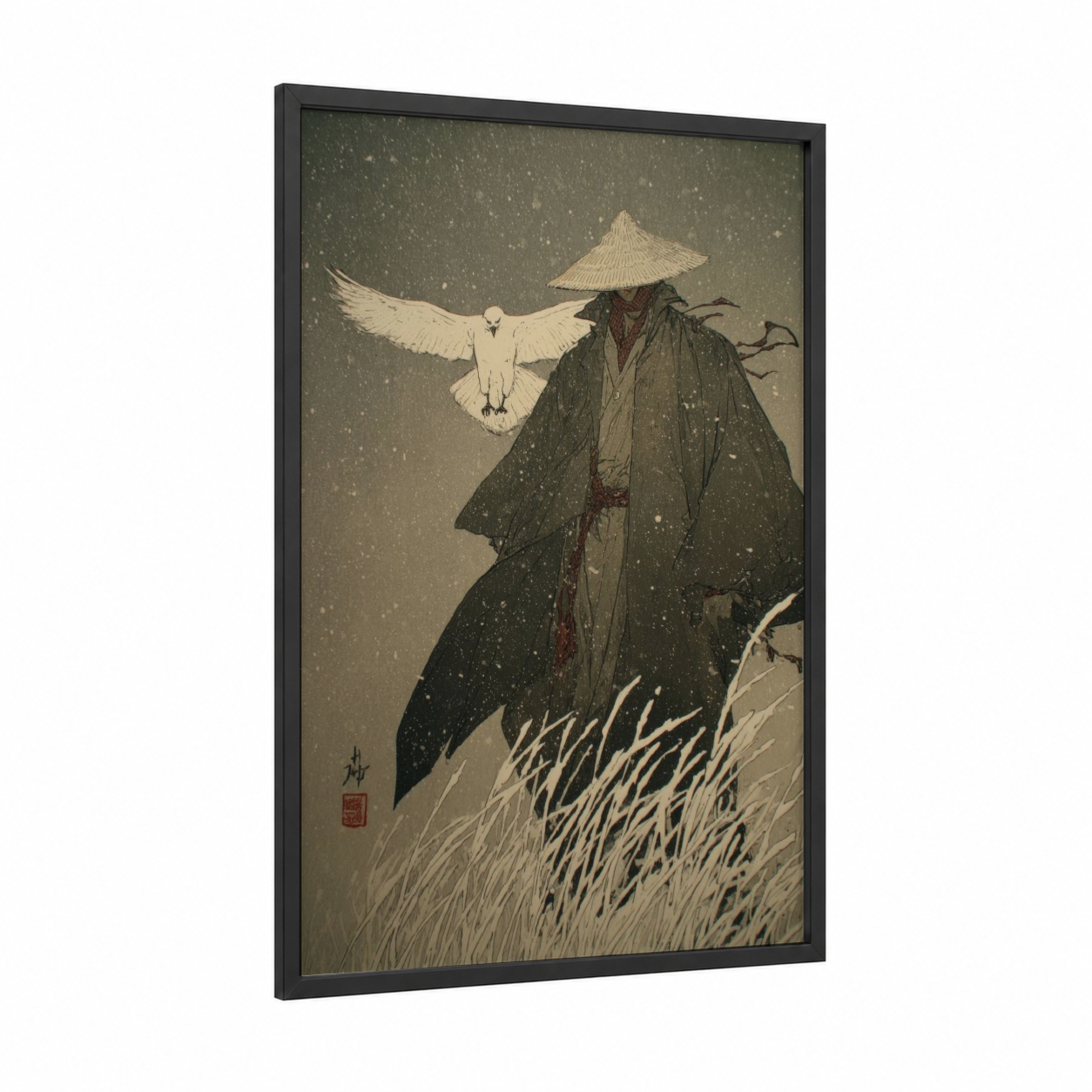 Snowy Elf Wanderer framed art print — black wood frame — black and white and sage green palette