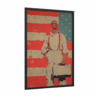 American Worker framed labor day print — black wood frame — red and blue and white palette