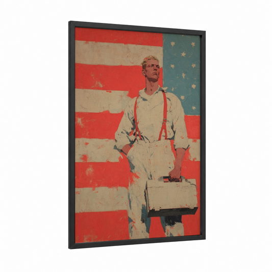 American Worker framed labor day print — black wood frame — red and blue and white palette
