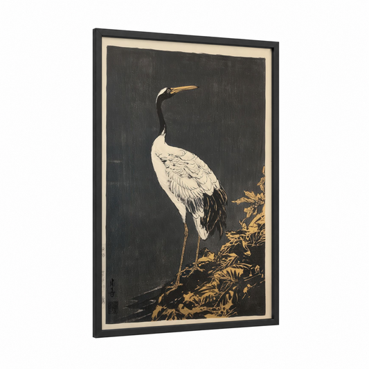 Elegant Crane Study framed art print — black wood frame — black and gold palette
