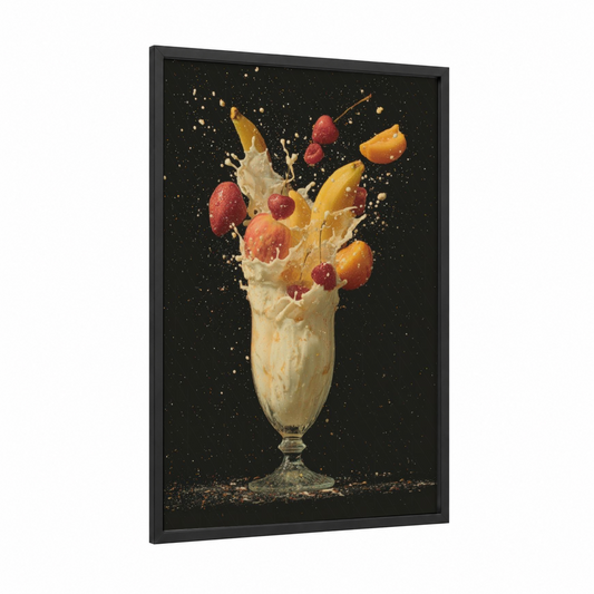 Creamy Fruit Splash framed milkshake print — black wood frame — gold and black palette