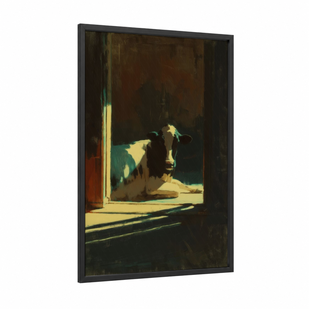 Sunlit Jersey Cow framed art print — black wood frame — gold and espresso palette