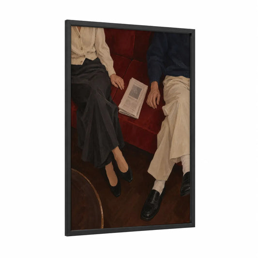 Quiet Moments Reading Couple Wall Art framed art print — black wood frame — red and beige palette