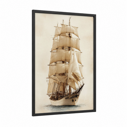 Classic Sailing Ship framed art print — black wood frame — cream and brown palette