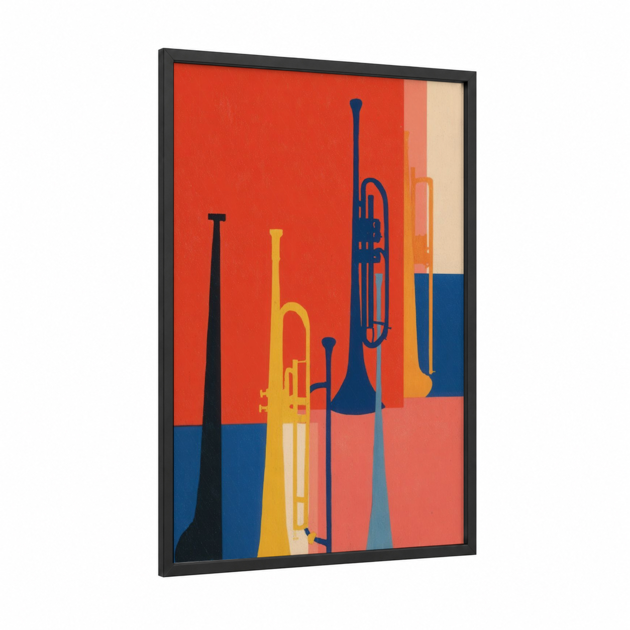 Jazz Ensemble Silhouettes framed trumpet print — black wood frame — red and gold palette