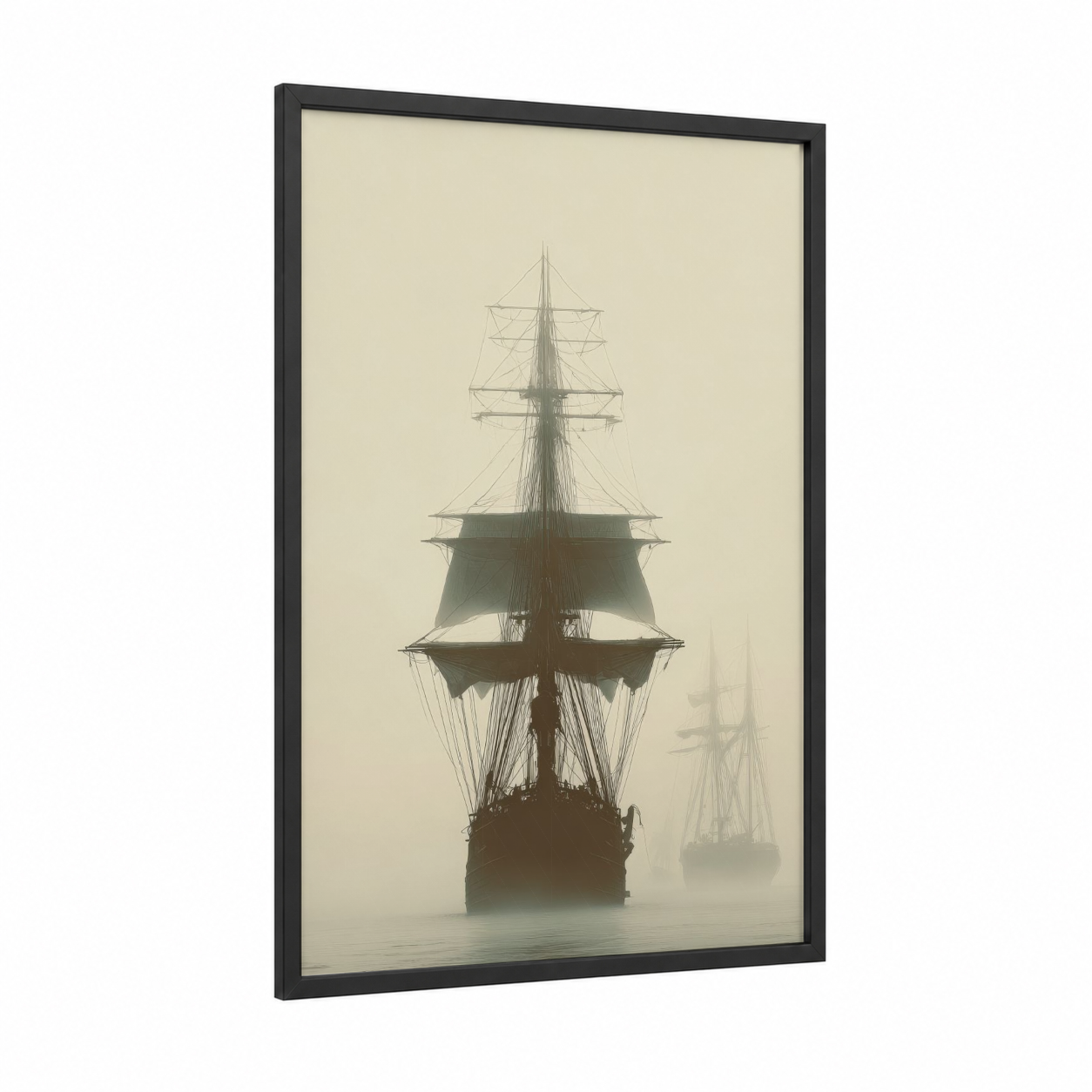 Misty Sailing Ship framed art print — black wood frame — black and white and beige palette