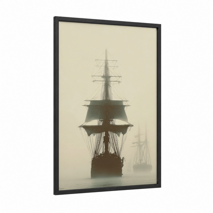 Misty Sailing Ship framed art print — black wood frame — black and white and beige palette