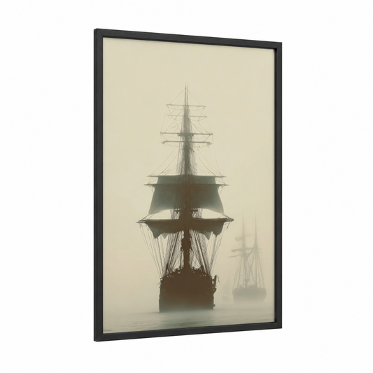 Misty Sailing Ship framed art print — black wood frame — black and white and beige palette