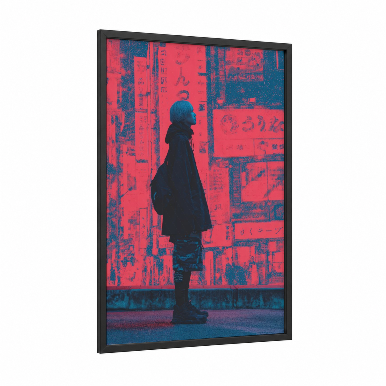 Neon Urban Explorer framed fashion illustration print — black wood frame — magenta and dark blue palette