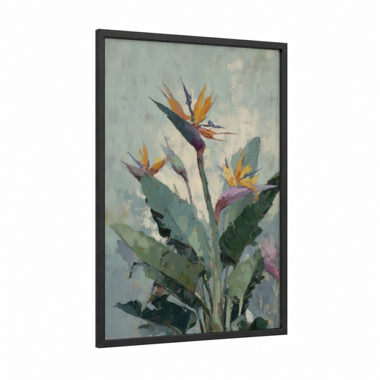 Golden Paradise Blooms framed birds of paradise print — black wood frame — yellow gold and green palette