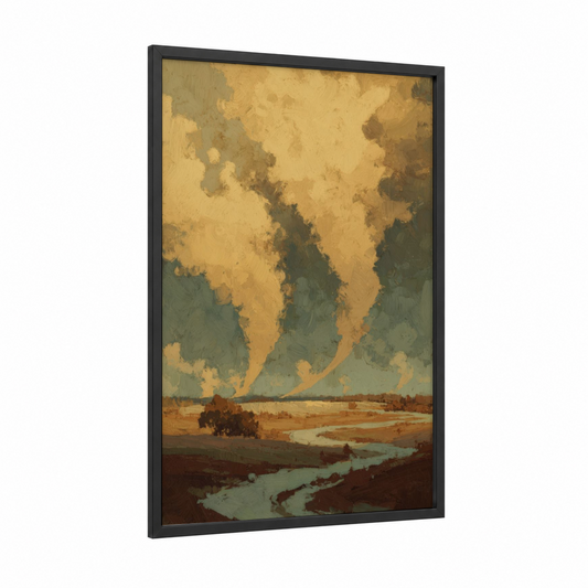 Golden Tornado Landscape framed art print — black wood frame — yellow gold and sage green palette