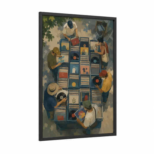 Vintage Vinyl Record Market Wall Art framed vinyl records print — black wood frame — blue and beige palette