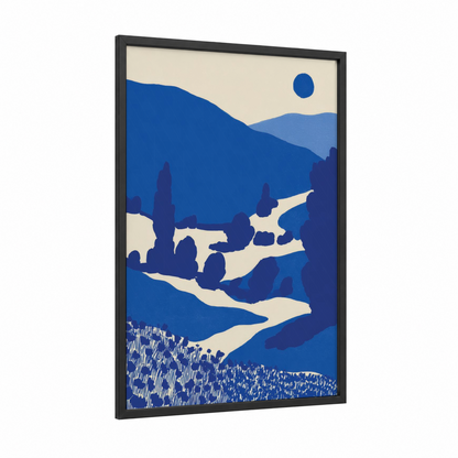 Blue Valley Landscape framed various landscapes print — black wood frame — blue and cream palette